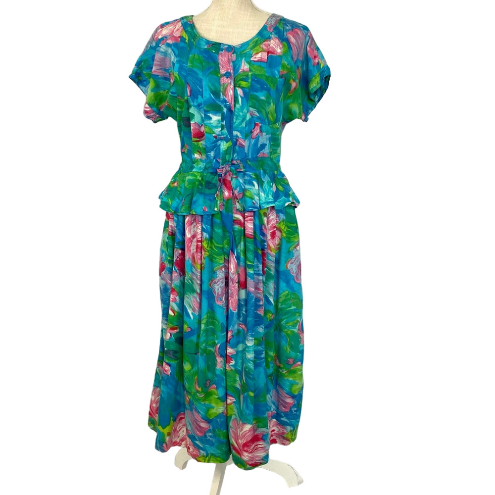 Vintage 80s Tropical Dress by Phool Floral Ruffles Women's Sz L or M